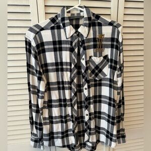 Black and white womens plaid Harley Davidson button up shirt.